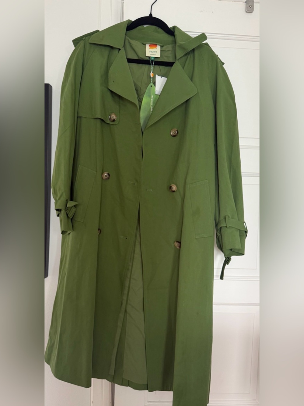 NWT FARM Rio Olive Green Double-Breasted Trench Coat: runs BIG!